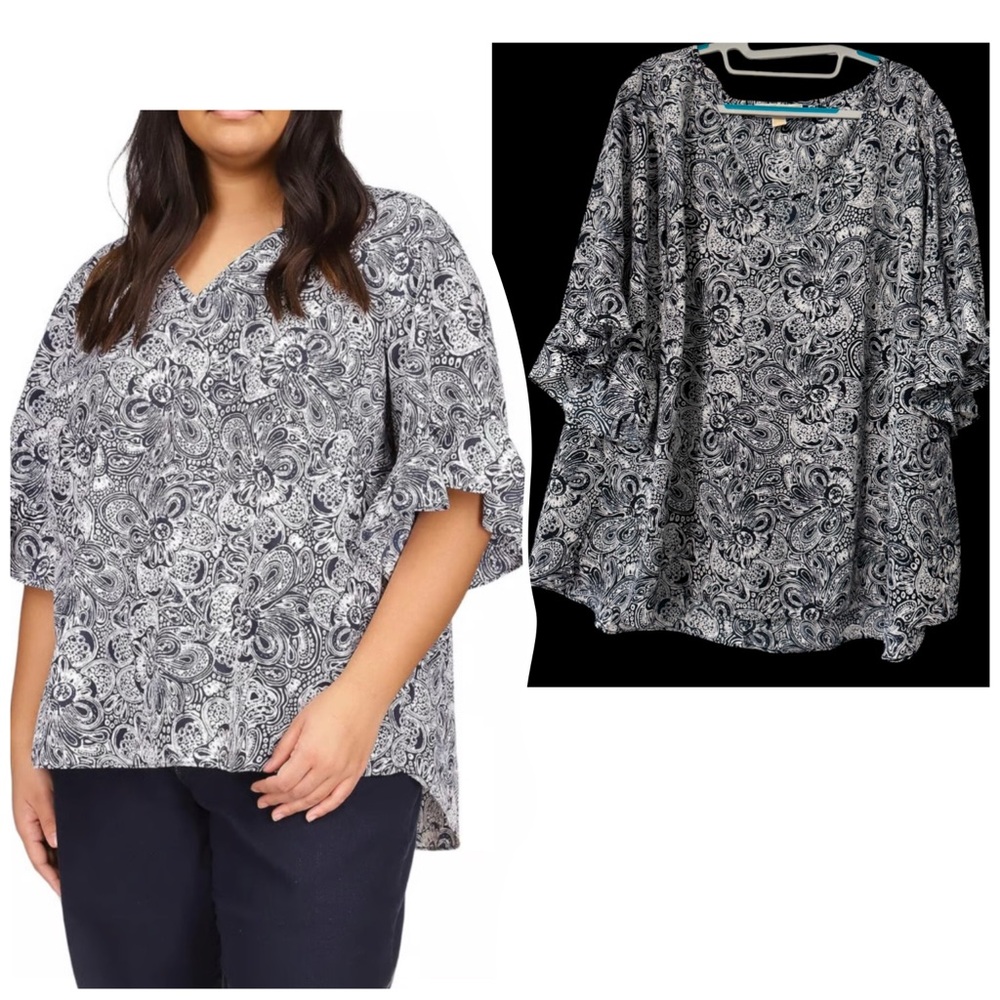 MICHAEL MICHAEL KORS Paisley Ruffle Sleeve Blouse Ladies Navy/White 3X
